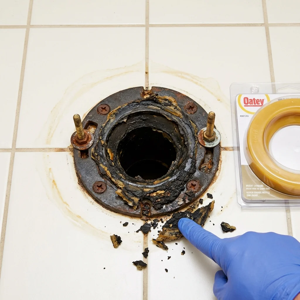 Failed wax ring showing water seepage at the base of a toilet in a Windham, NH home