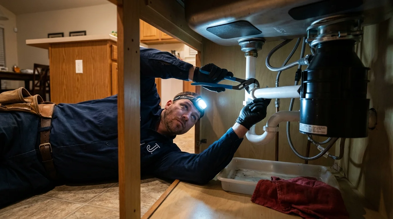 P-trap and supply line connections under a kitchen sink showing a common leak point in Windham, NH